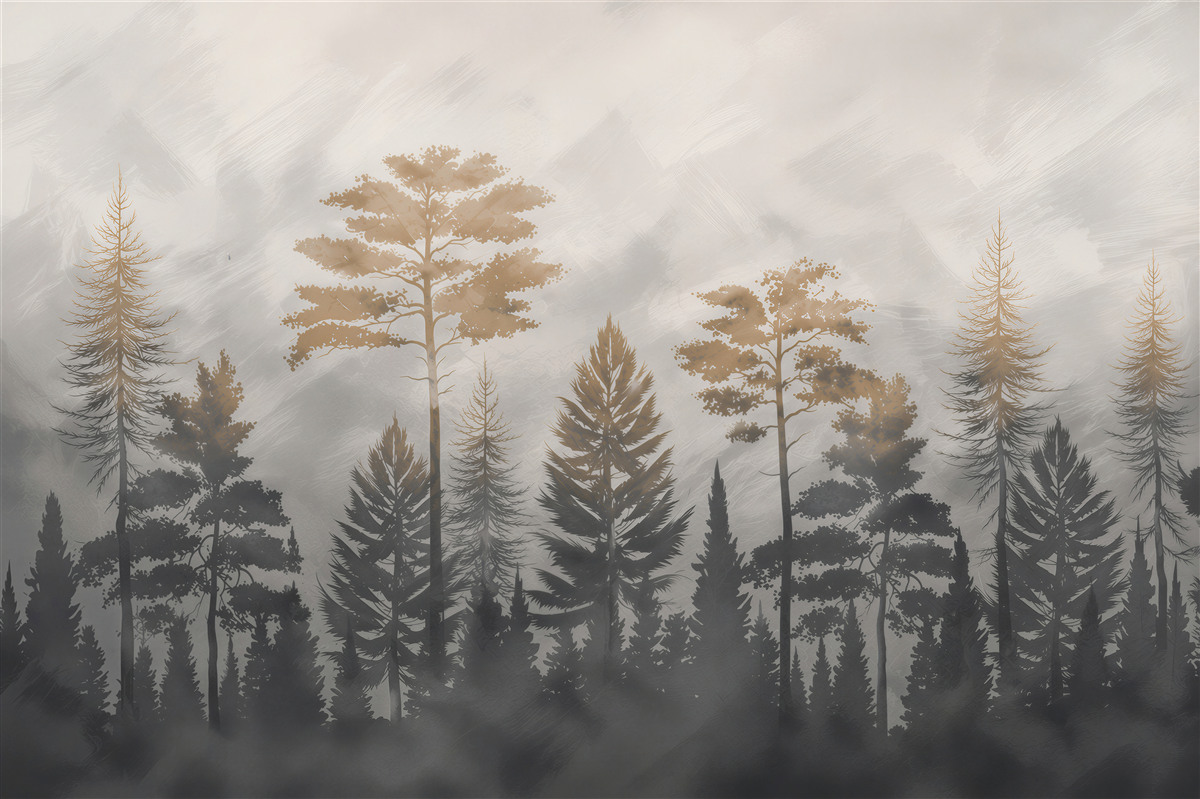 Fototapeten Sonne bricht durch dichten Nebel im Wald