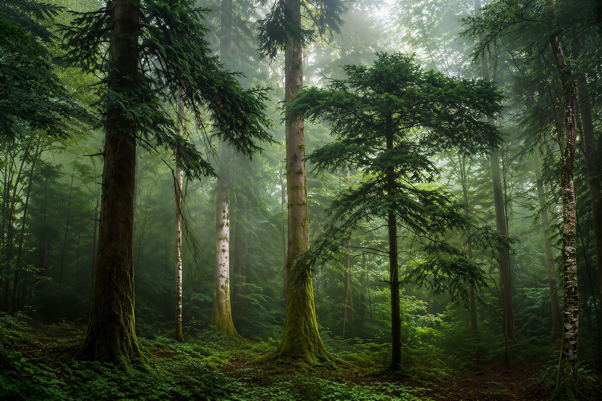 Fototapeten dichte Nebel in einem alten Nadelwald