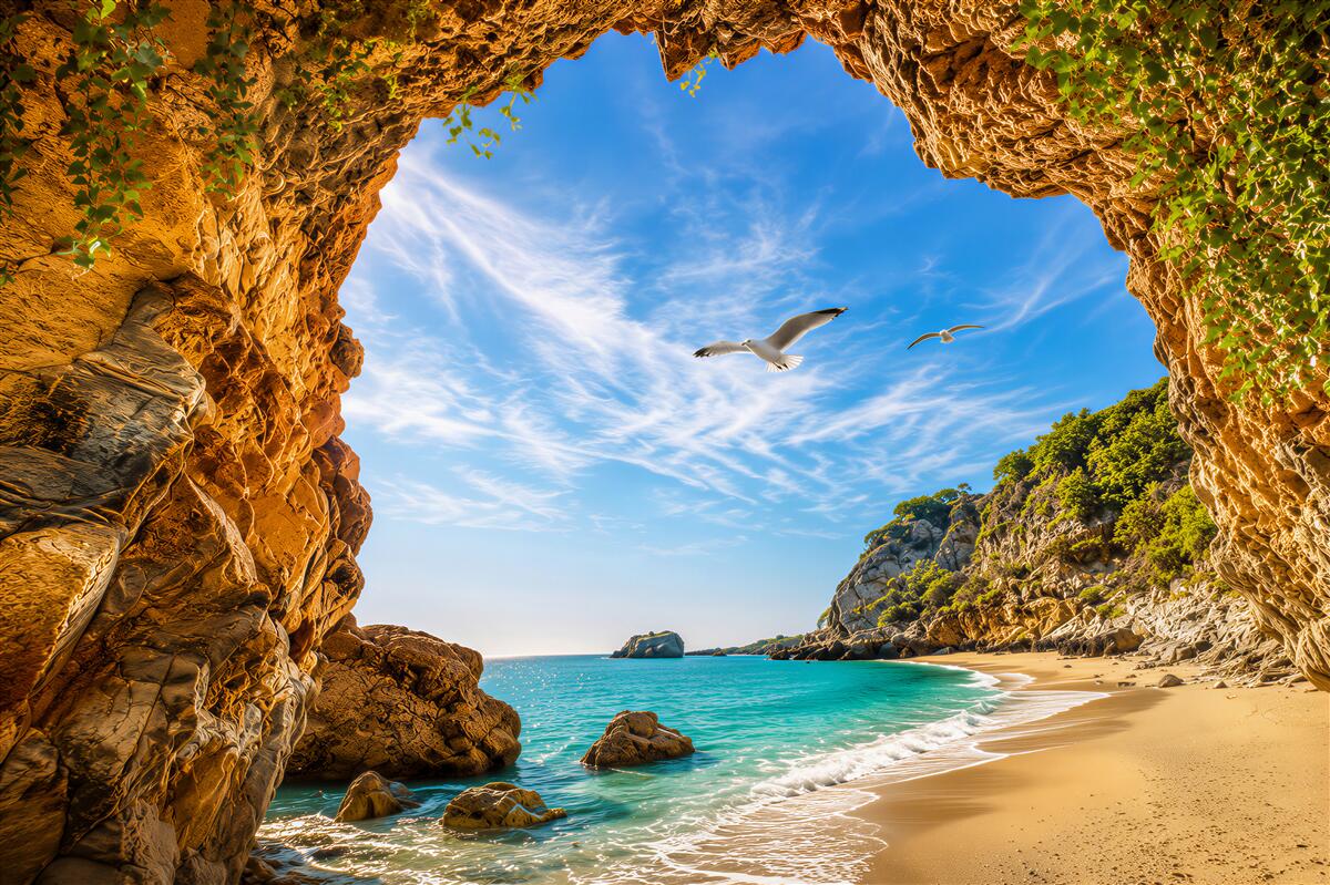 Fototapeten Blick auf das Meer und fliegende Möwen