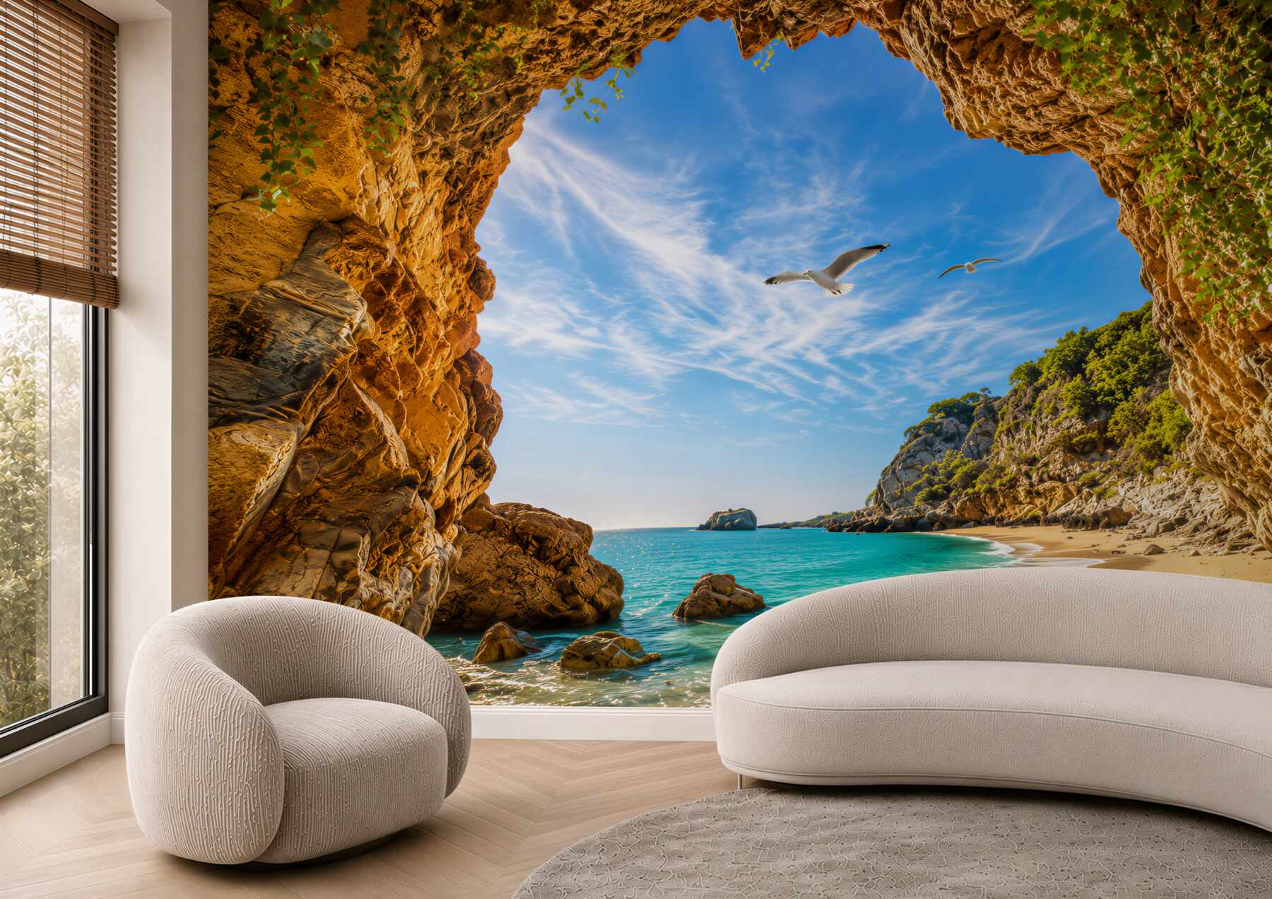 Fototapeten Blick auf das Meer und fliegende Möwen