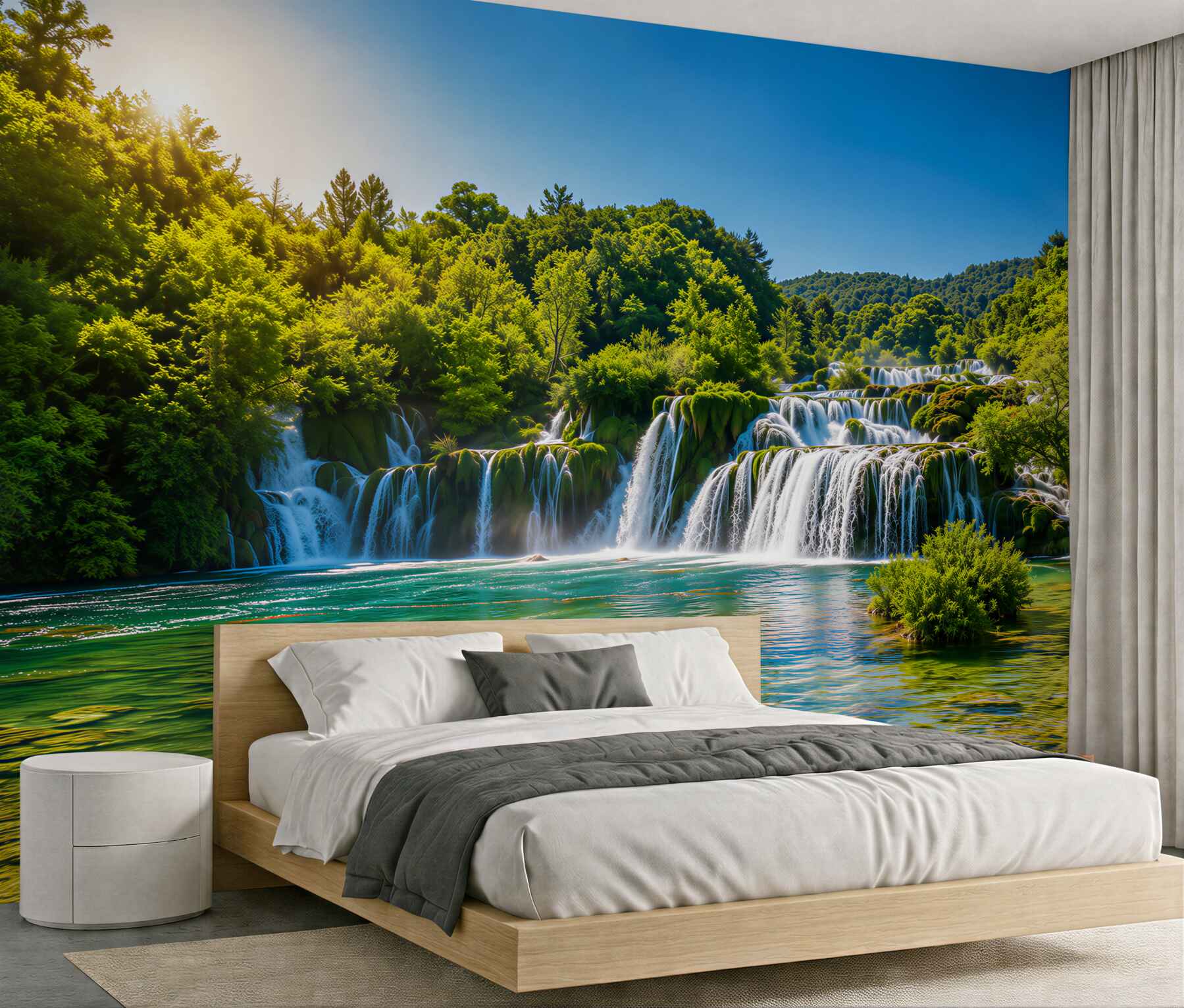 Fototapeten rauschende Wasser eines brodelnden Wasserfalls bei Sonnenuntergang