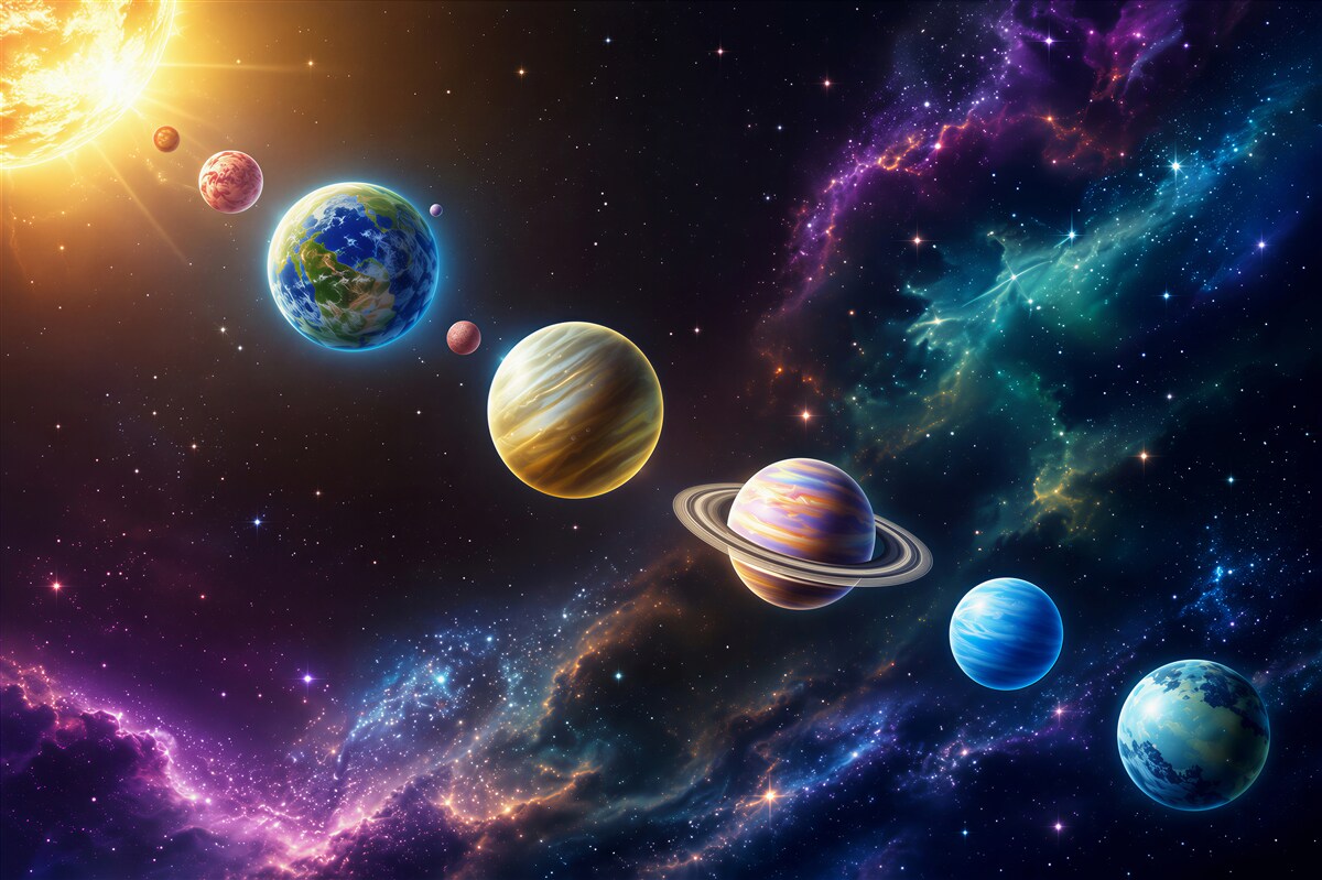 Fototapeten Planeten im Raum in einer Linie