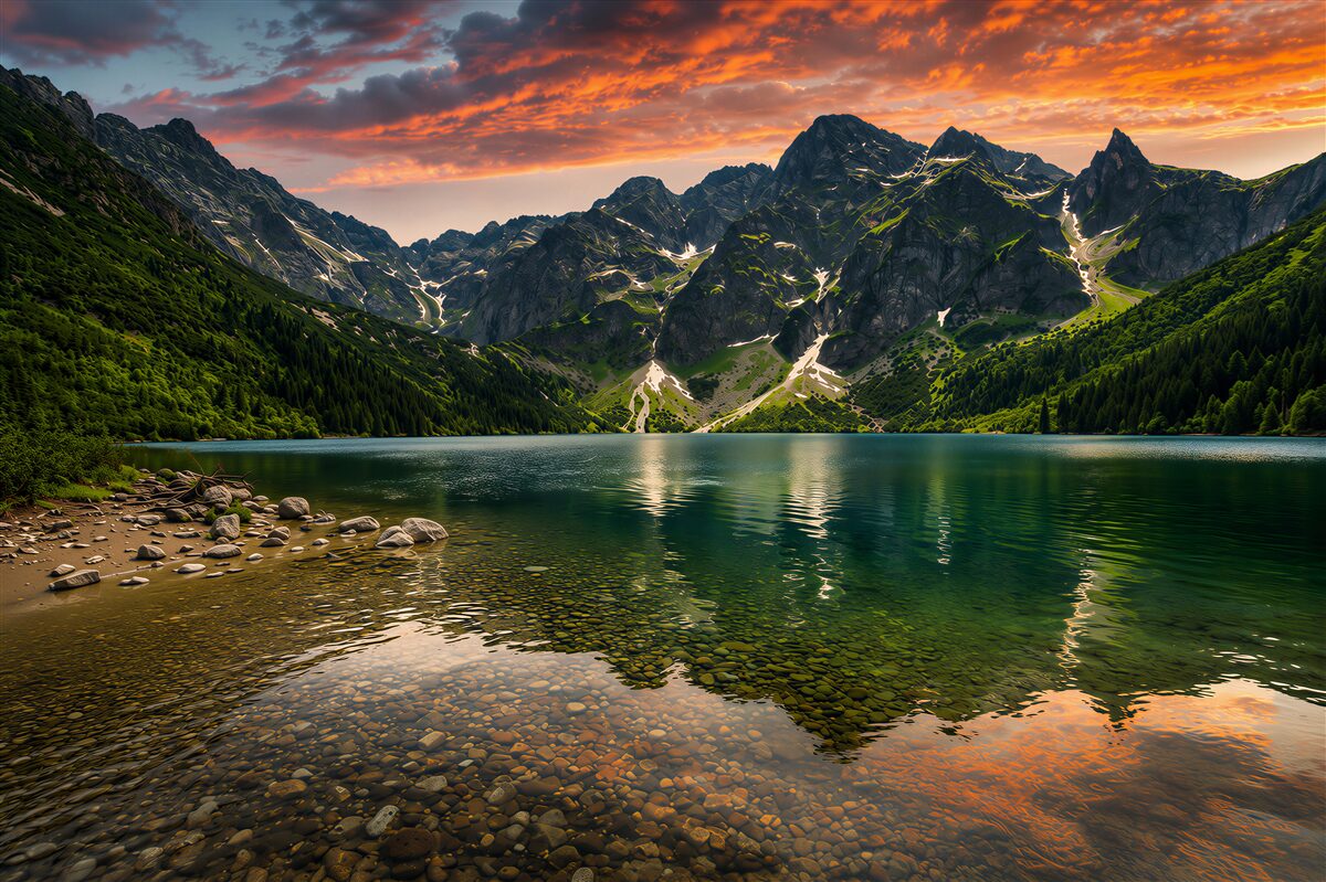 Fototapeten warmer, ruhiger Sonnenuntergang und Bergsee