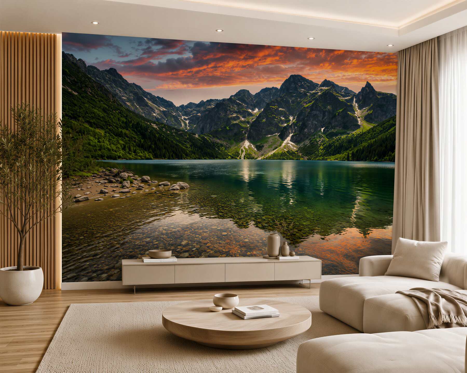 Fototapeten warmer, ruhiger Sonnenuntergang und Bergsee