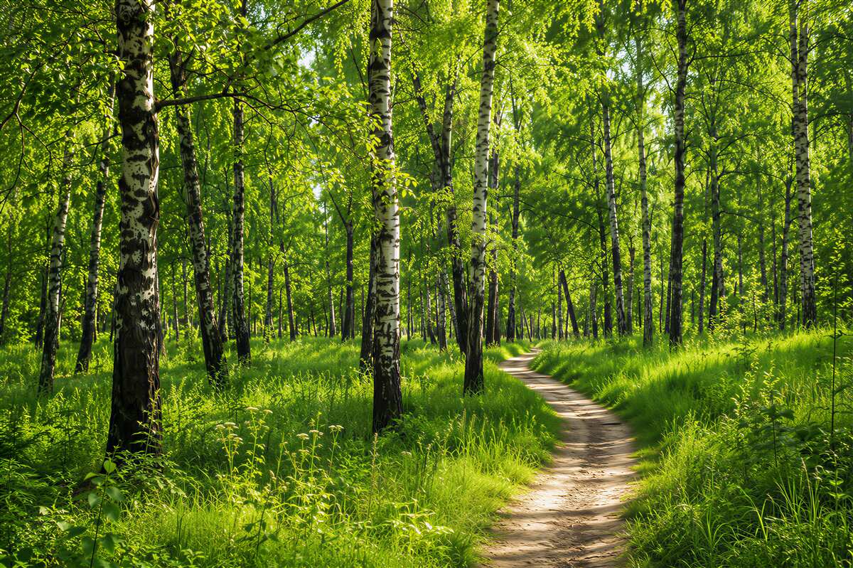 Fototapeten Weg durch einen Birkenhain