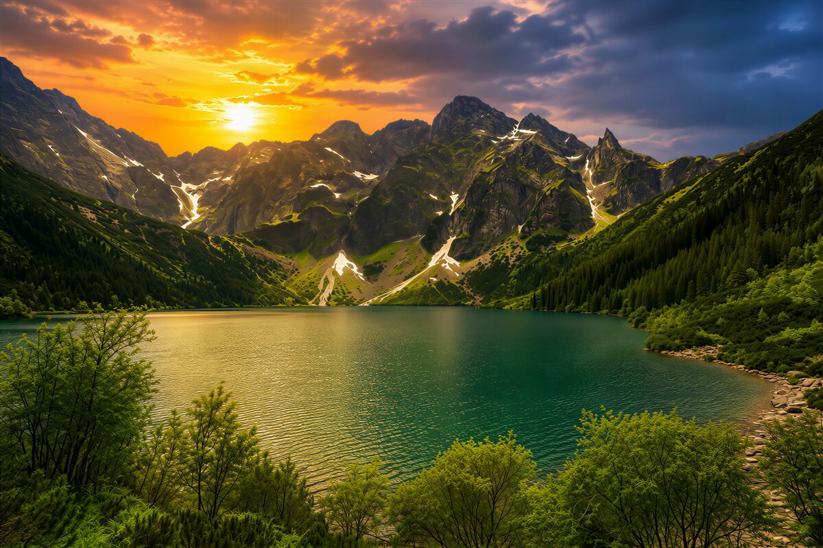 Fototapeten heller Sonnenuntergang hinter felsigen Bergen über einem See