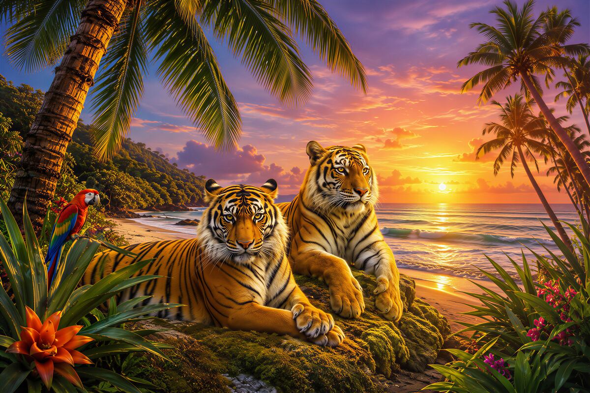 Fototapeten mehrere Tiger bei tropischem Sonnenuntergang
