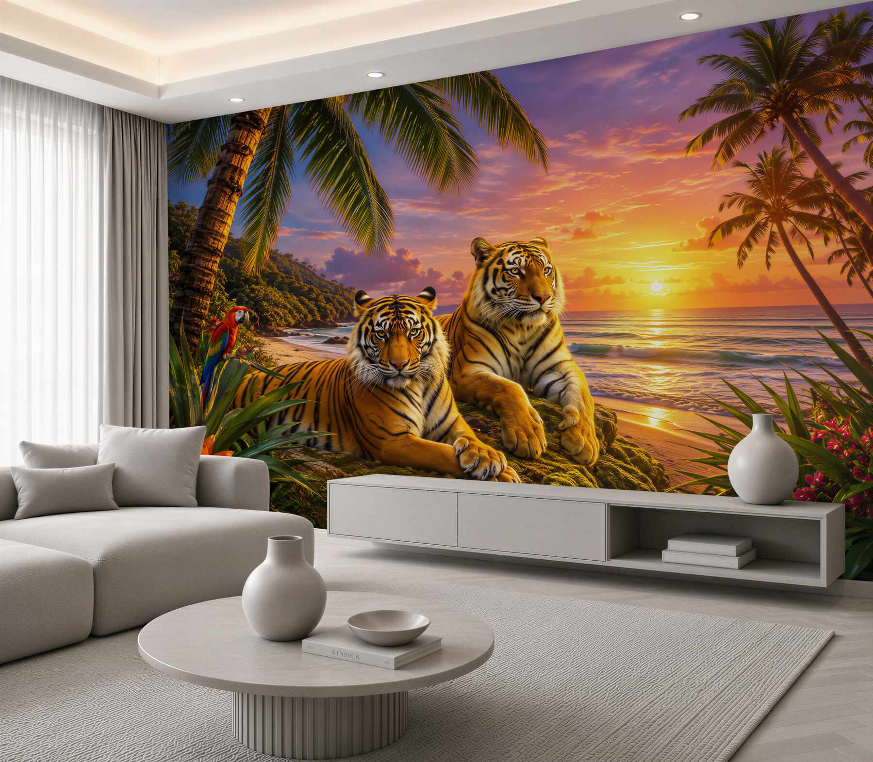 Fototapeten mehrere Tiger bei tropischem Sonnenuntergang