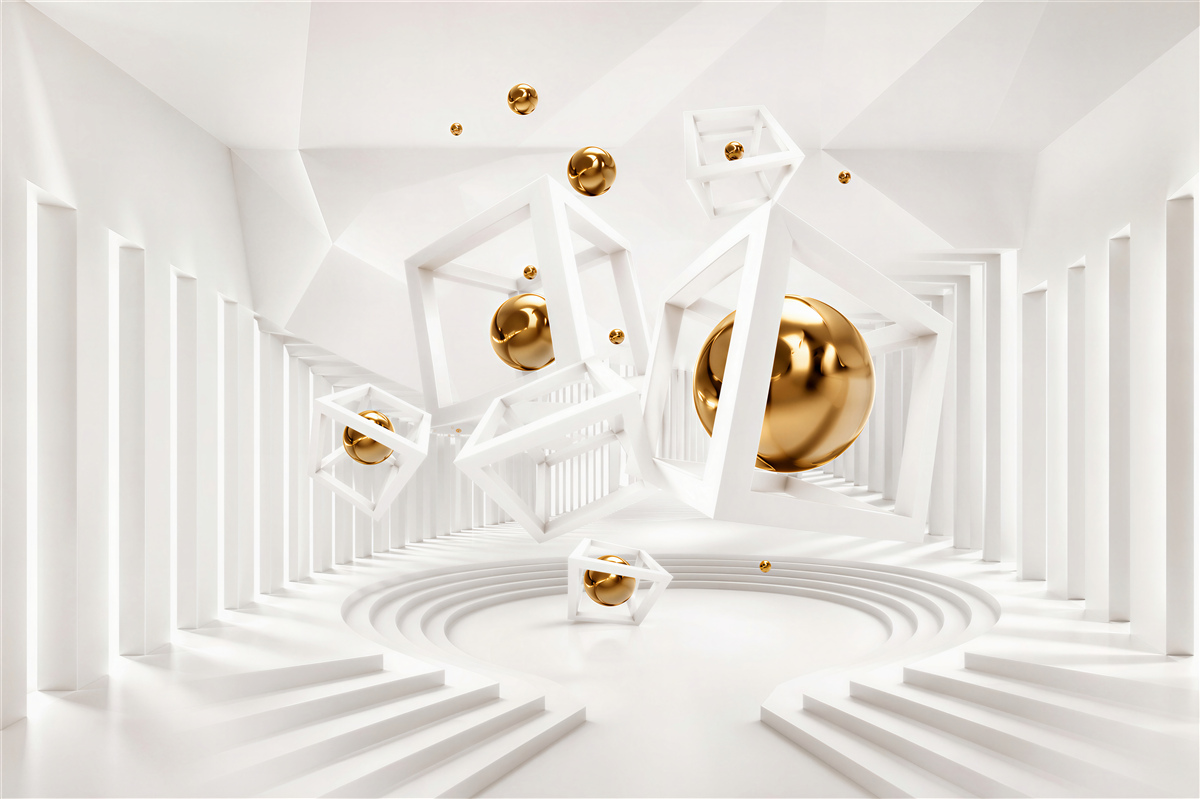 Fototapeten weiße Würfel und goldene Kugeln