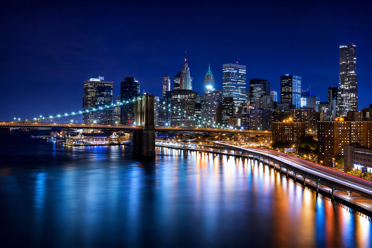 Fototapeten Nachtstadt und beleuchtete Brücke