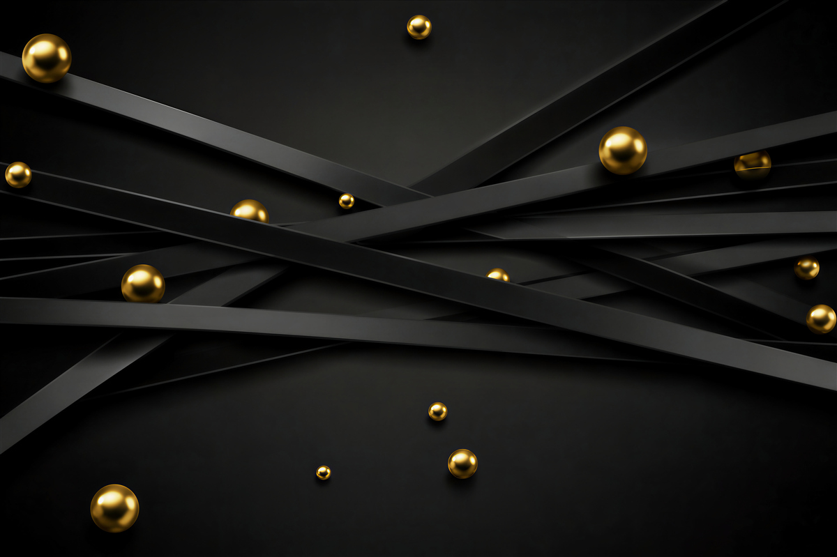 Fototapeten dünne schwarze Streifen und goldene Kugeln