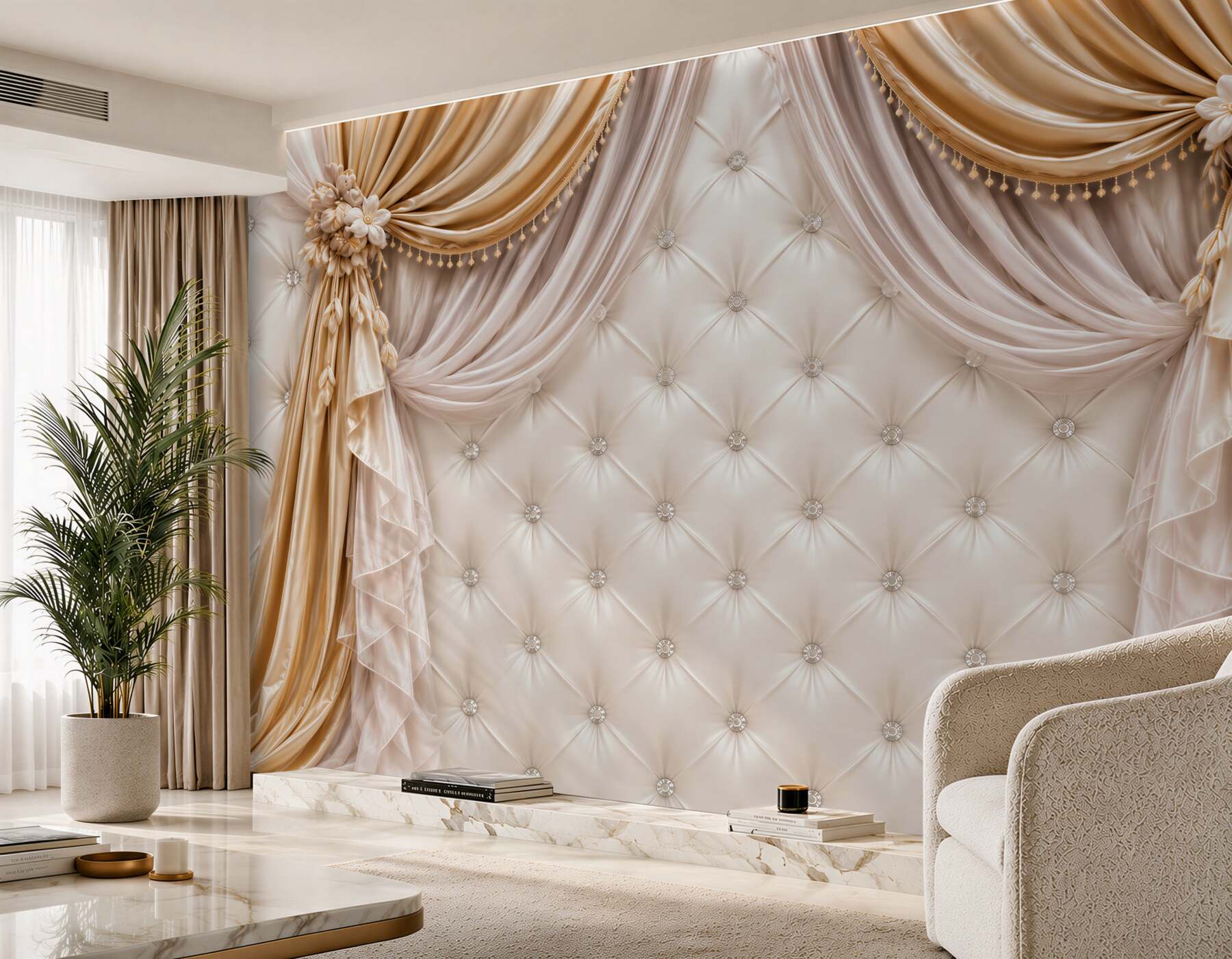 Fototapeten weiß gepolsterte Wand und Vorhänge