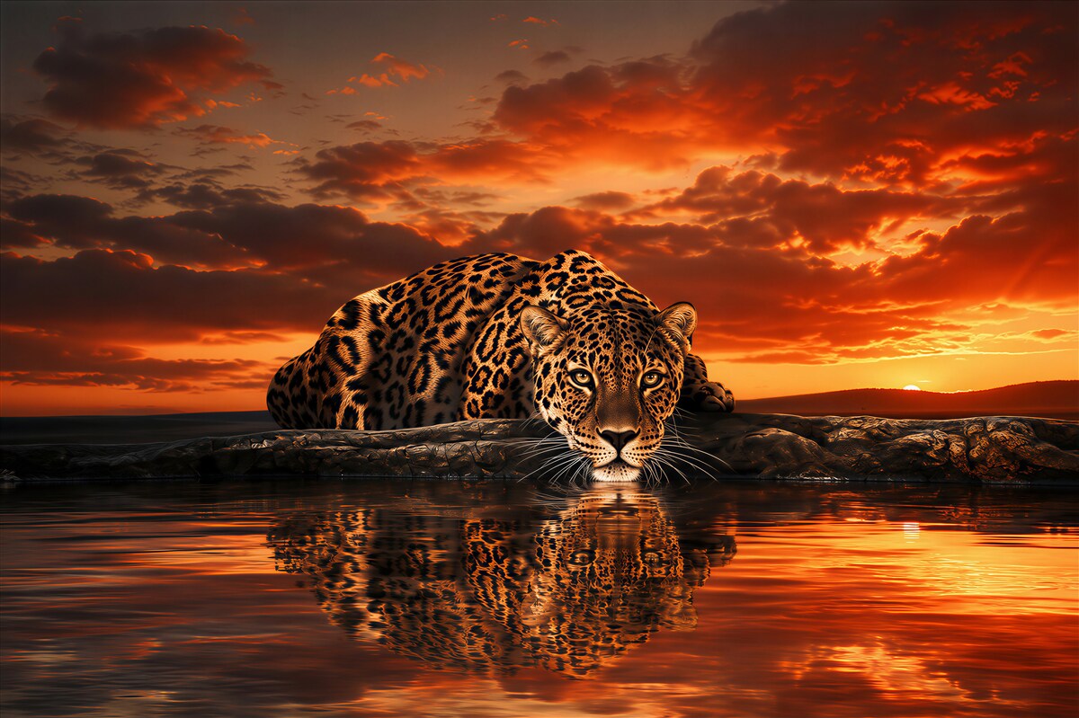 Fototapeten Gepard bei Sonnenuntergang über Wasser