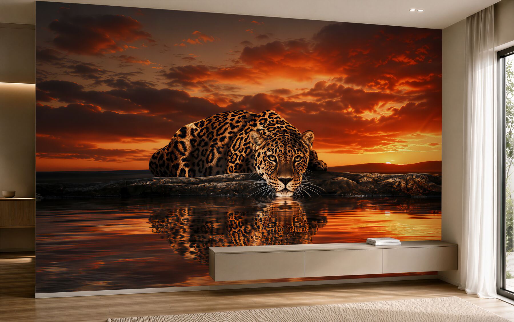 Fototapeten Gepard bei Sonnenuntergang über Wasser
