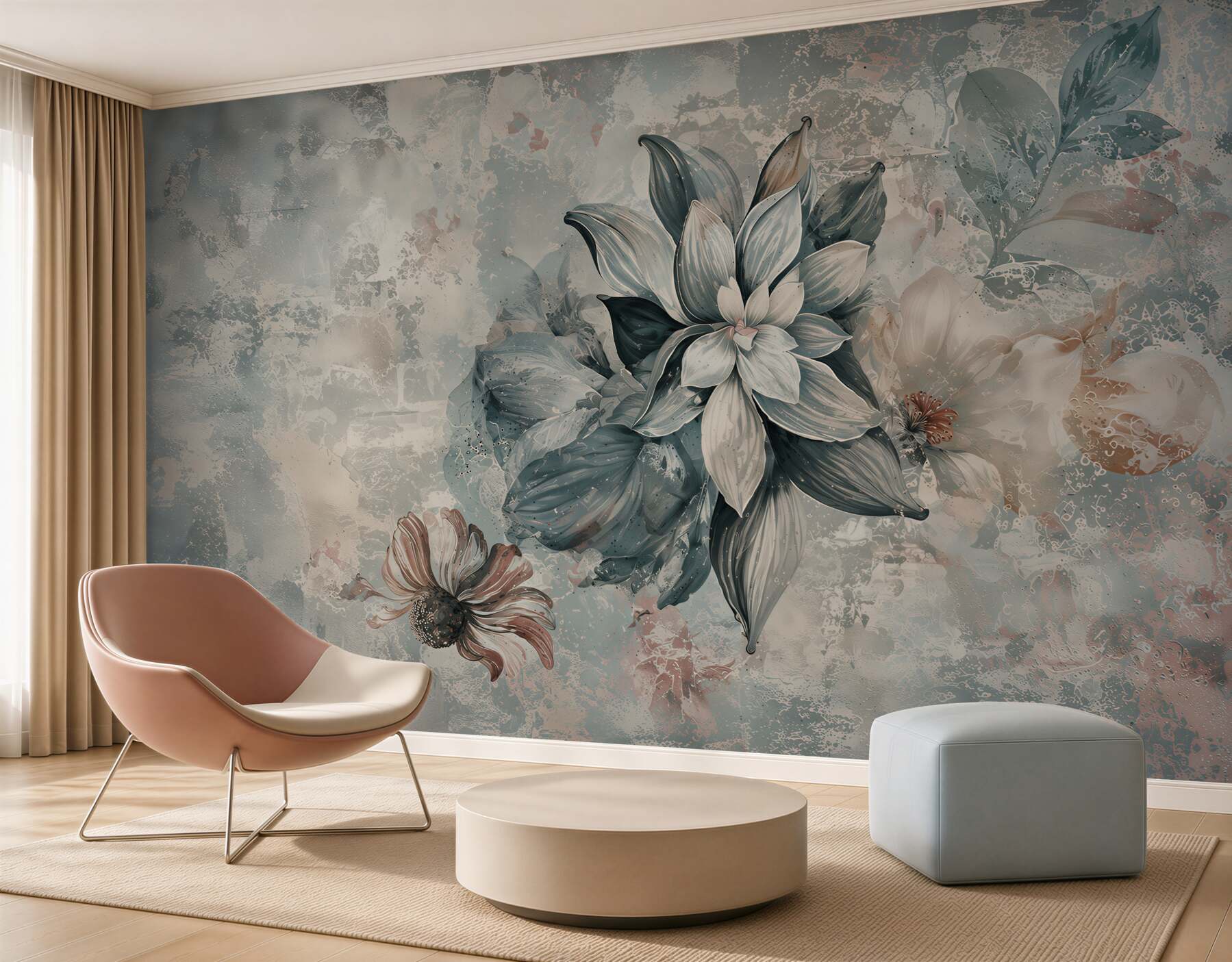 Fototapeten Blumen auf einer Zementwand