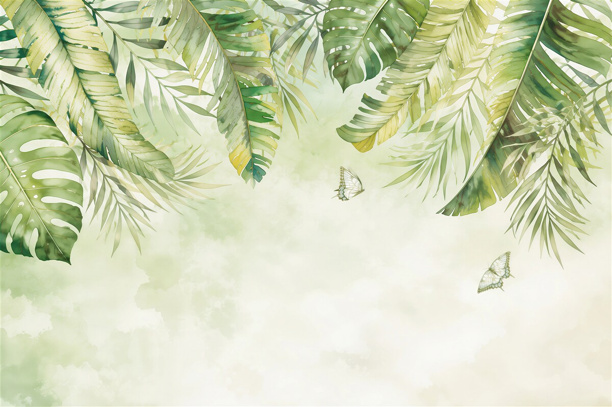 Fototapeten Schmetterlinge zwischen dem Palmblätter