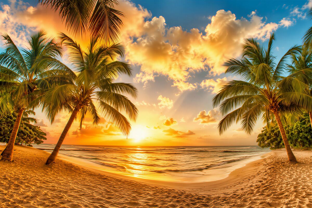 Fototapeten Sonnenuntergang auf einer Insel