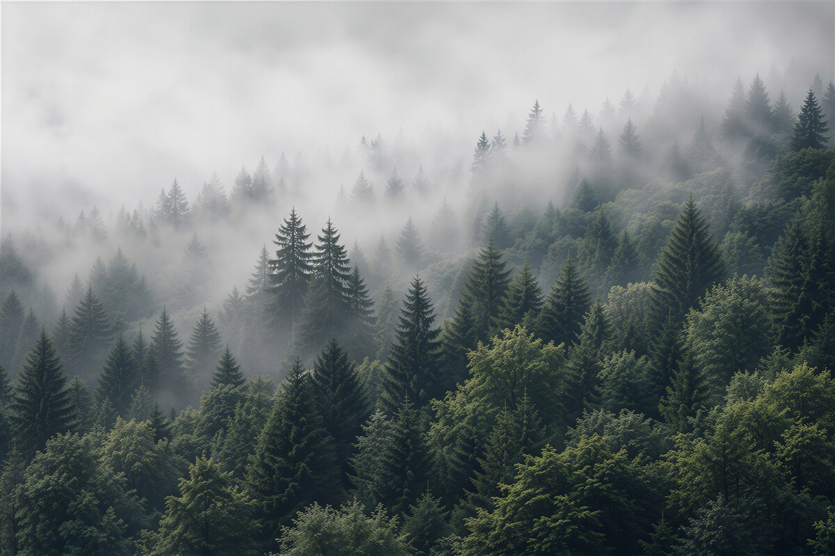 Fototapeten Luftaufnahme eines Waldes im Nebel