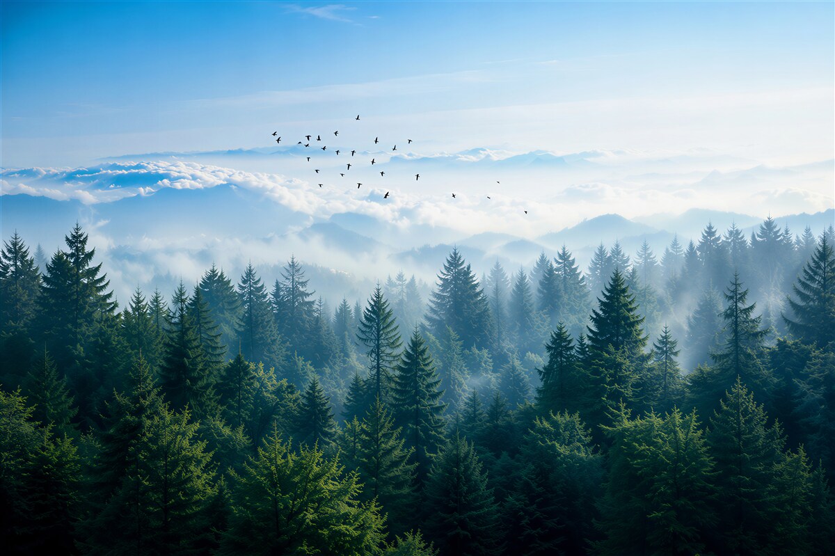Fototapeten Vögel, die über die Baumkronen des Waldes kreisen