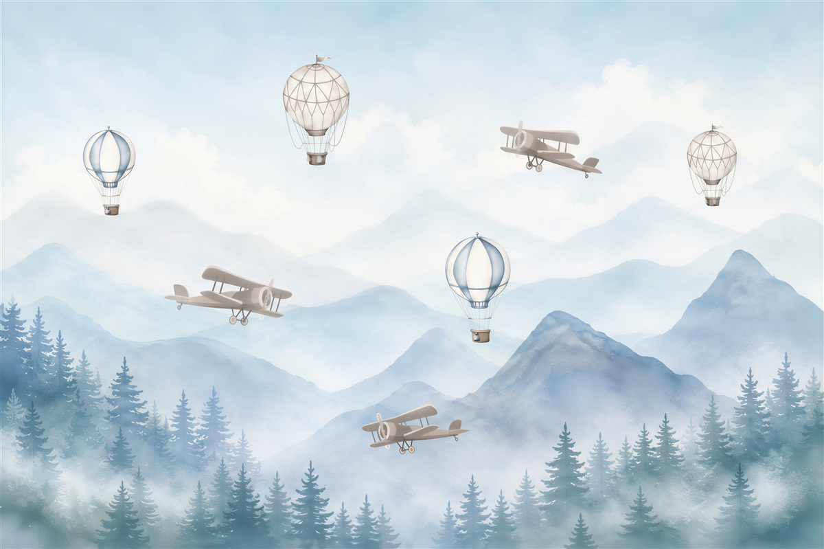 Fototapeten Berge und Ballons mit Flugzeugen