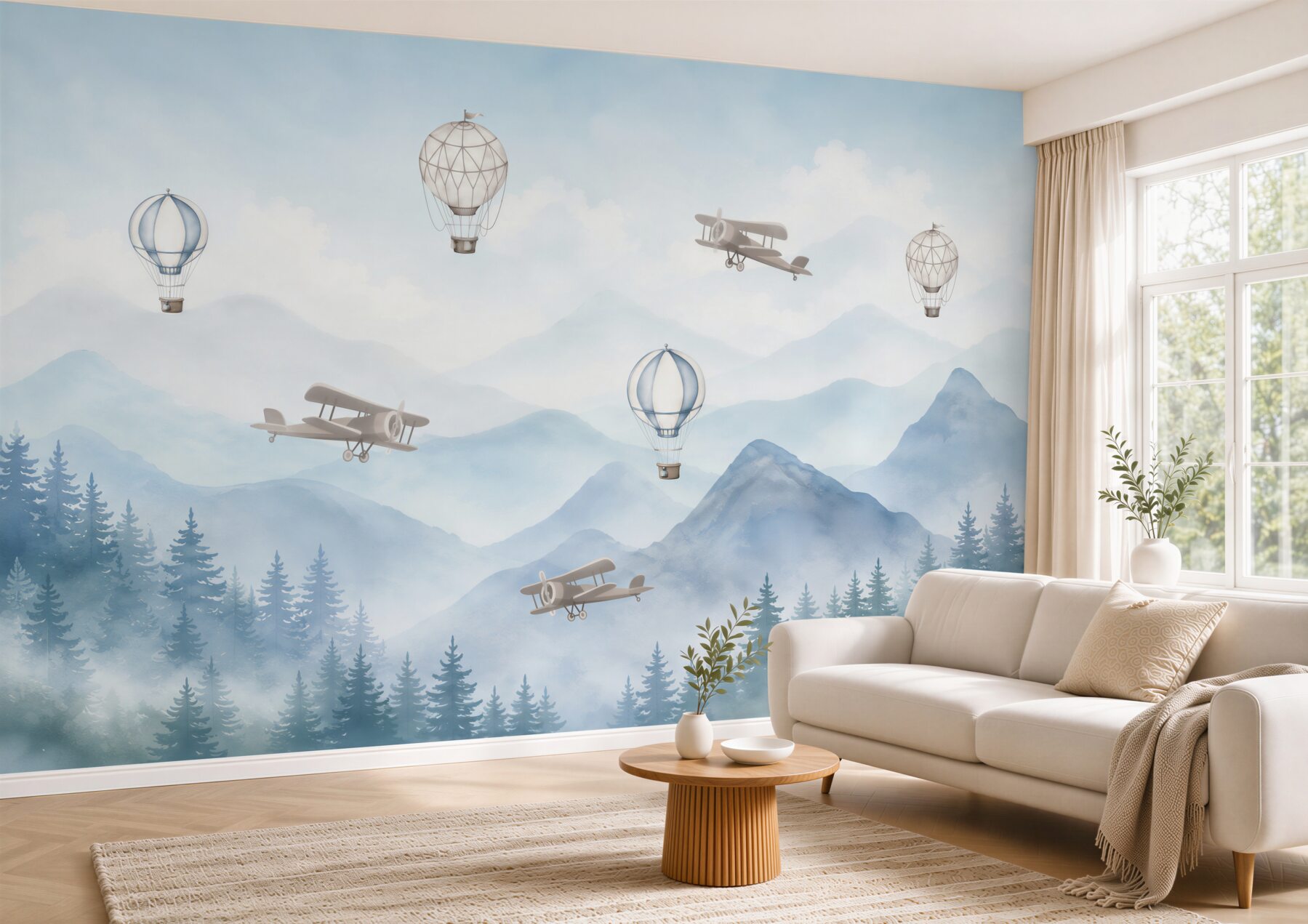 Fototapeten Berge und Ballons mit Flugzeugen