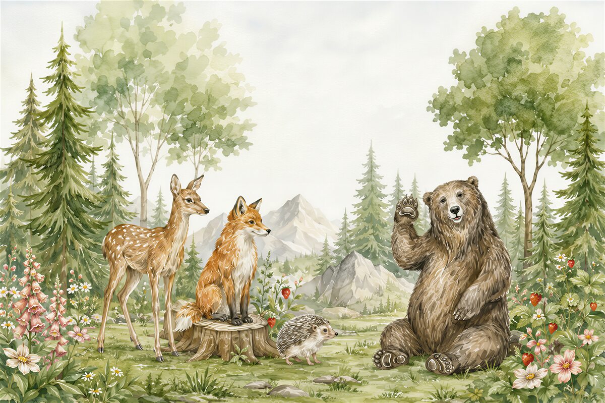 Fototapeten Bär, Hirsch und Fuchs im Wald