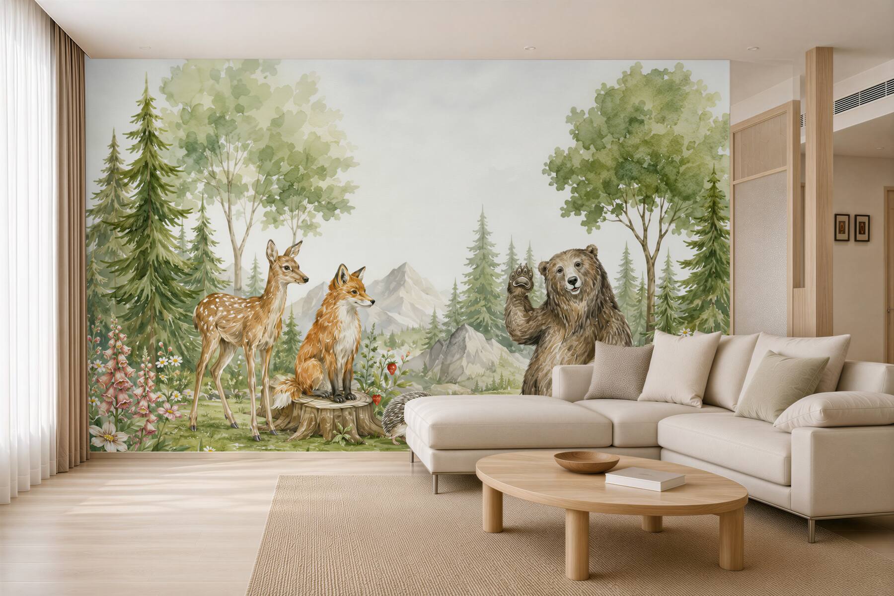 Fototapeten Bär, Hirsch und Fuchs im Wald