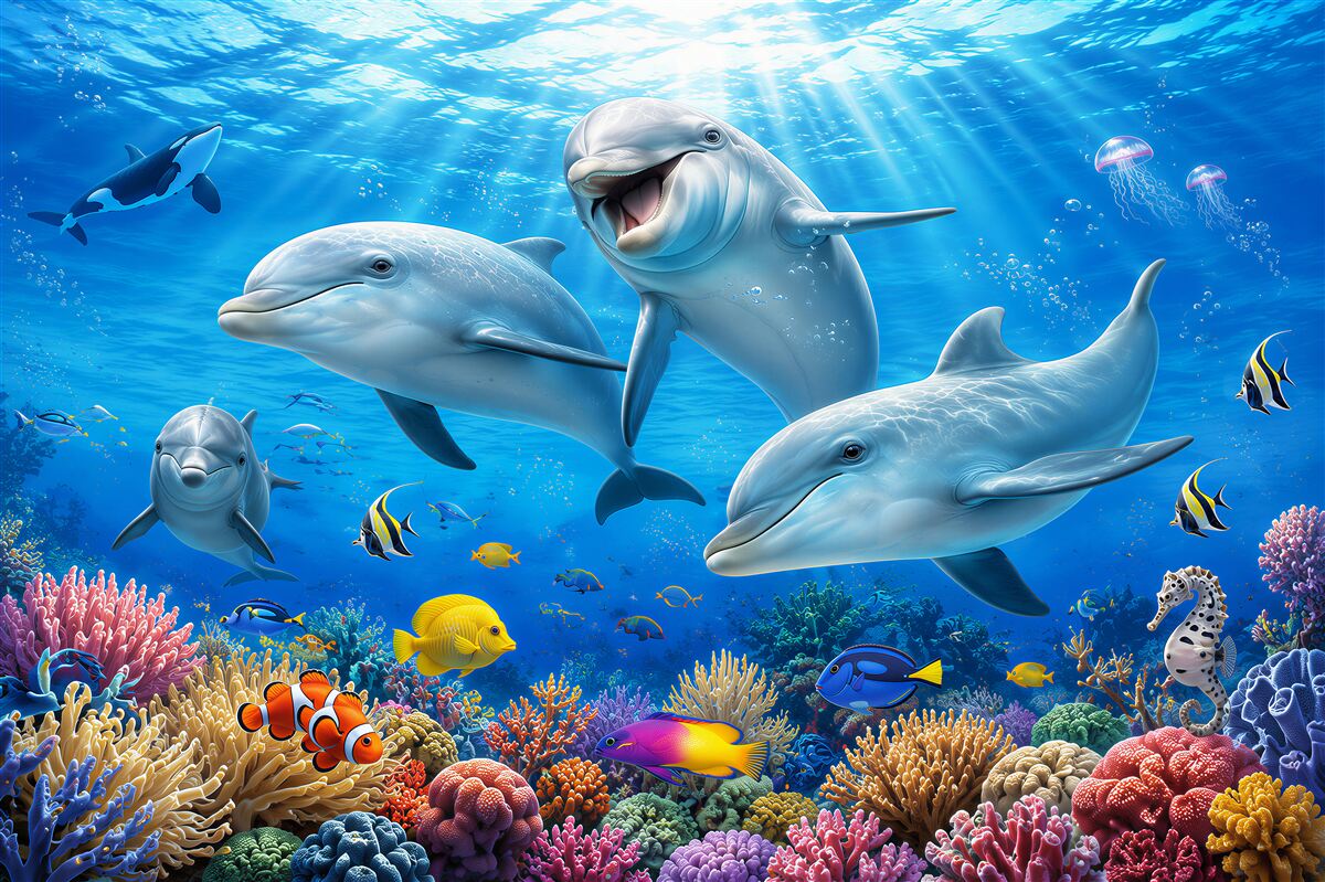 Fototapeten lächelnde Delfine und Fische unter Wasser