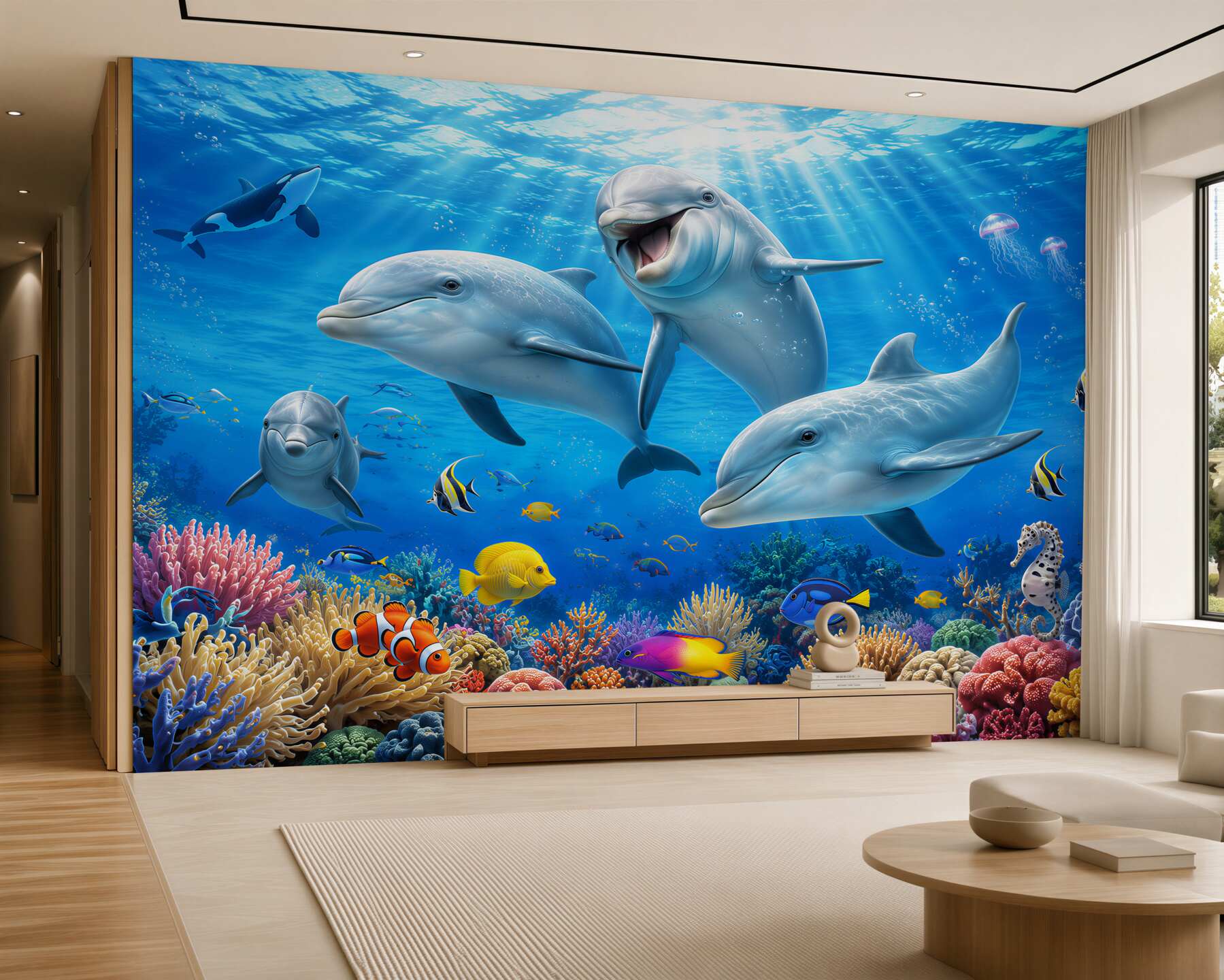 Fototapeten lächelnde Delfine und Fische unter Wasser
