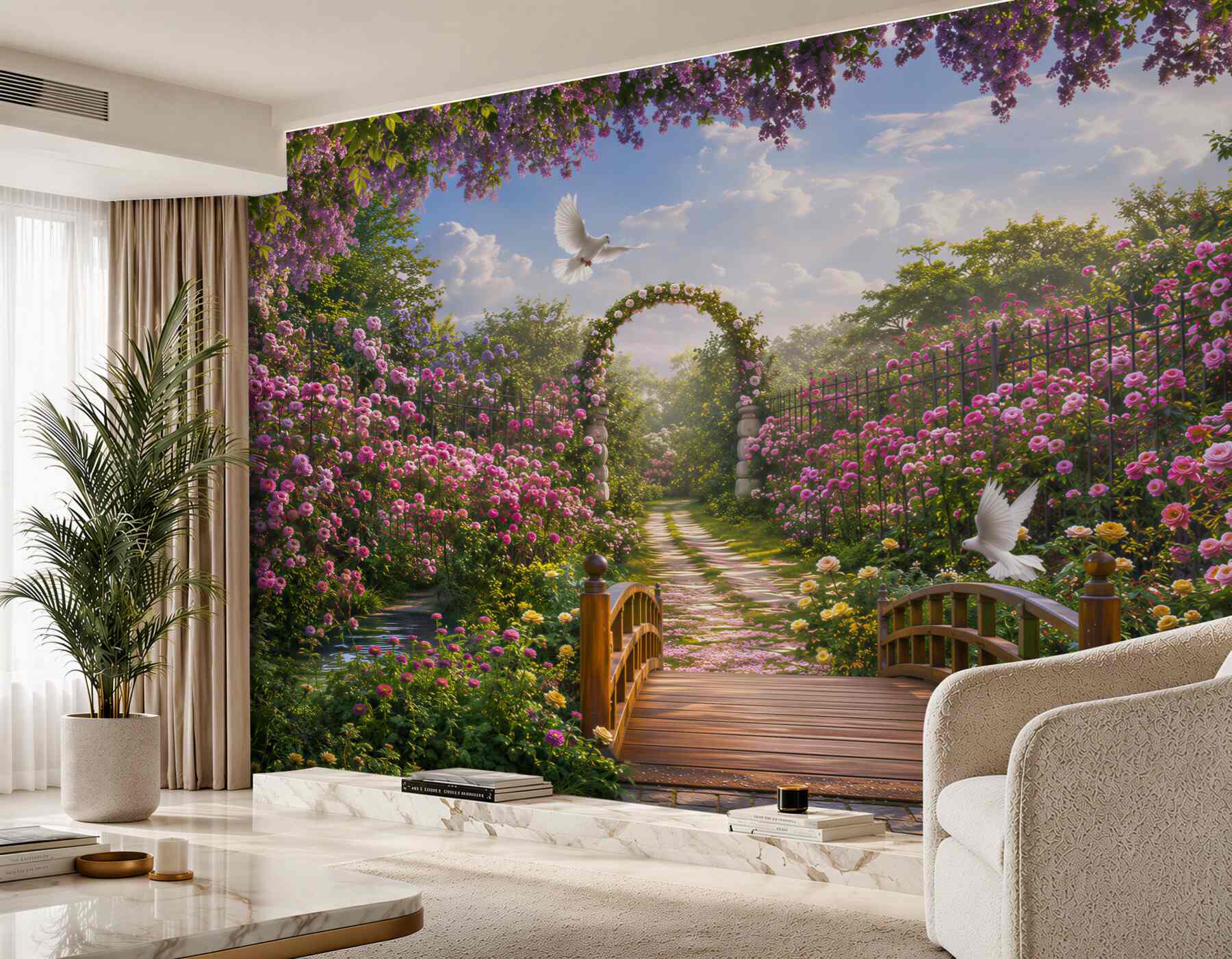 Fototapeten heller Sommertunnel aus frischen Blumen