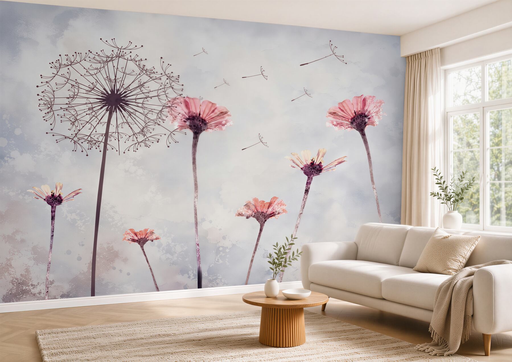 Fototapeten Gerbera und Mohnblumen bei starkem Wind
