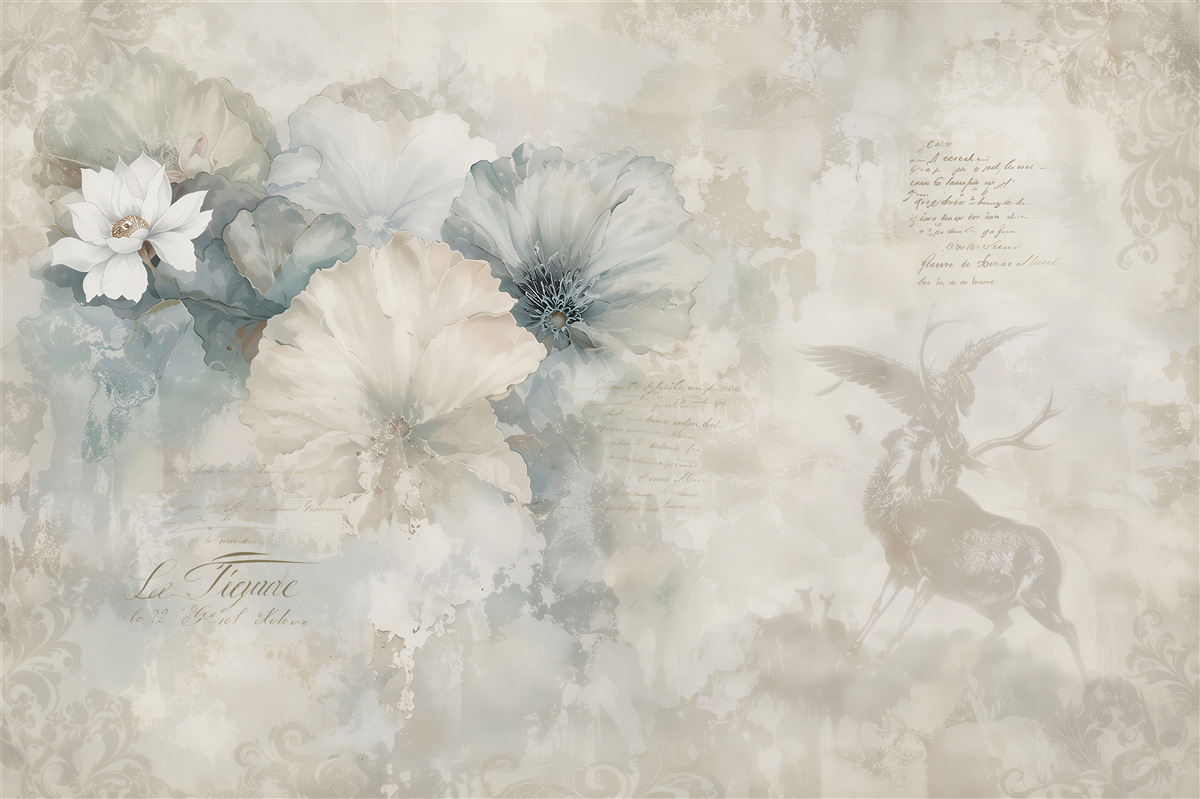 Fototapeten Aquarell von einem Reh und blauen Blumen
