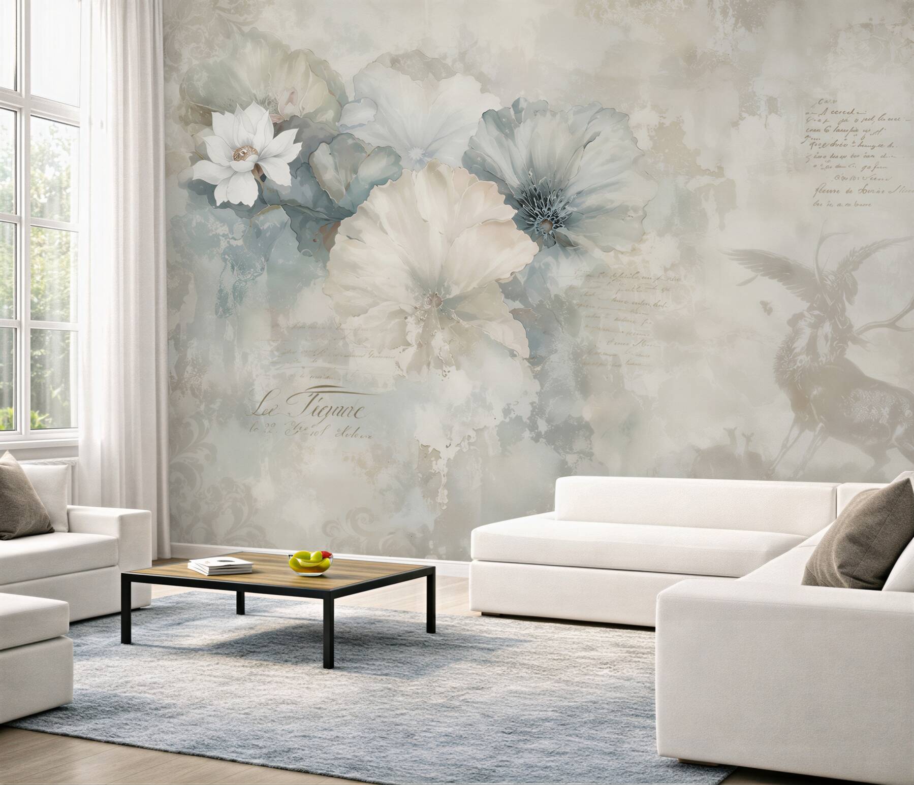 Fototapeten Aquarell von einem Reh und blauen Blumen