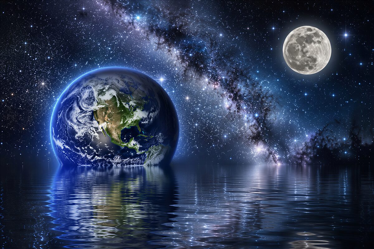 Fototapeten Erde und Mond im Weltraum nahe Wasser