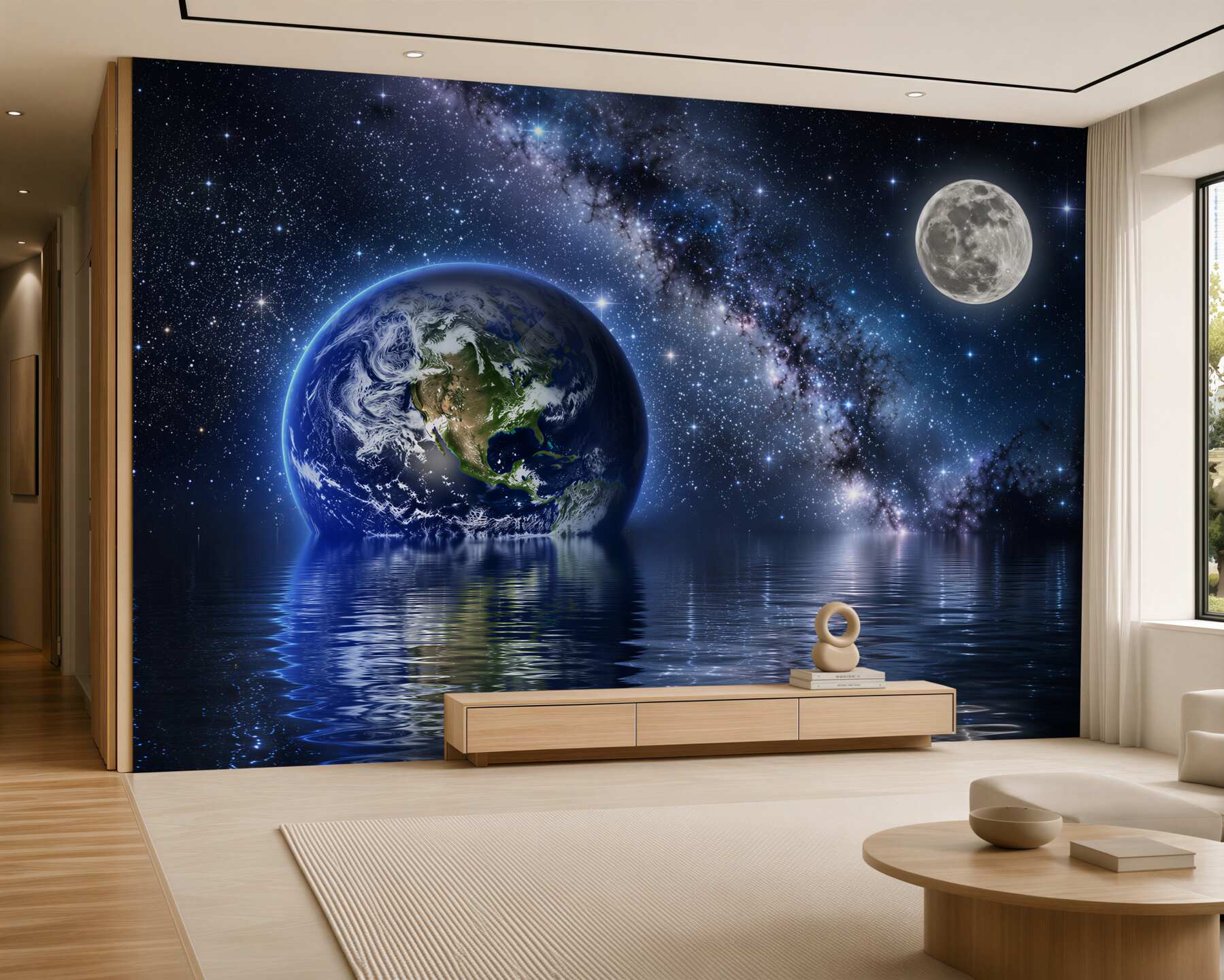Fototapeten Erde und Mond im Weltraum nahe Wasser