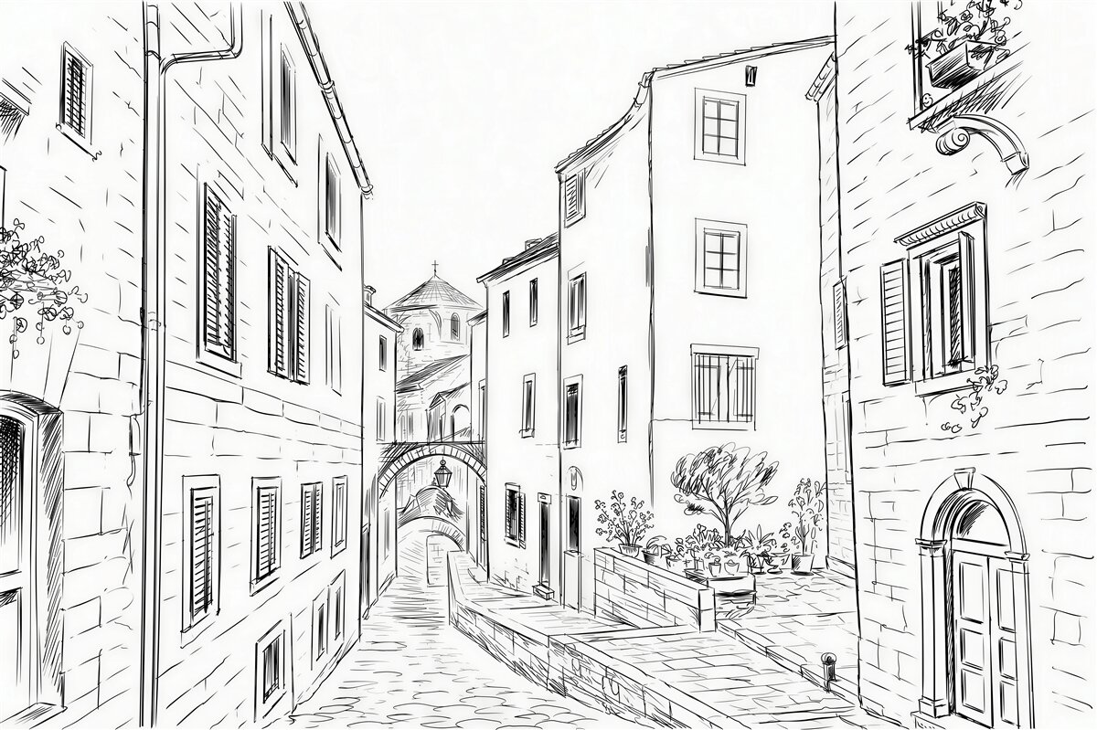 Fototapeten alte Stadt mit Bleistift