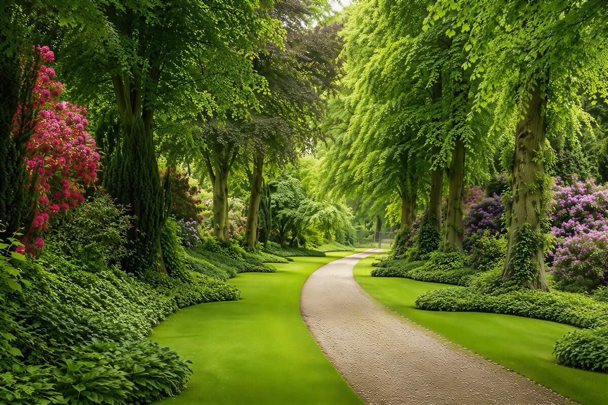 Fototapeten Weg durch einen grünen und schlanken Wald