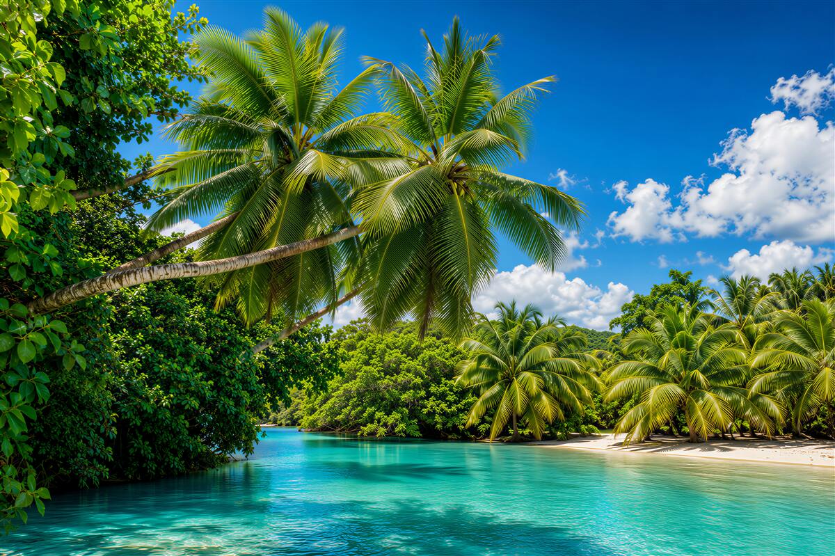 Fototapeten tropische Palmen und azurblaues Wasser