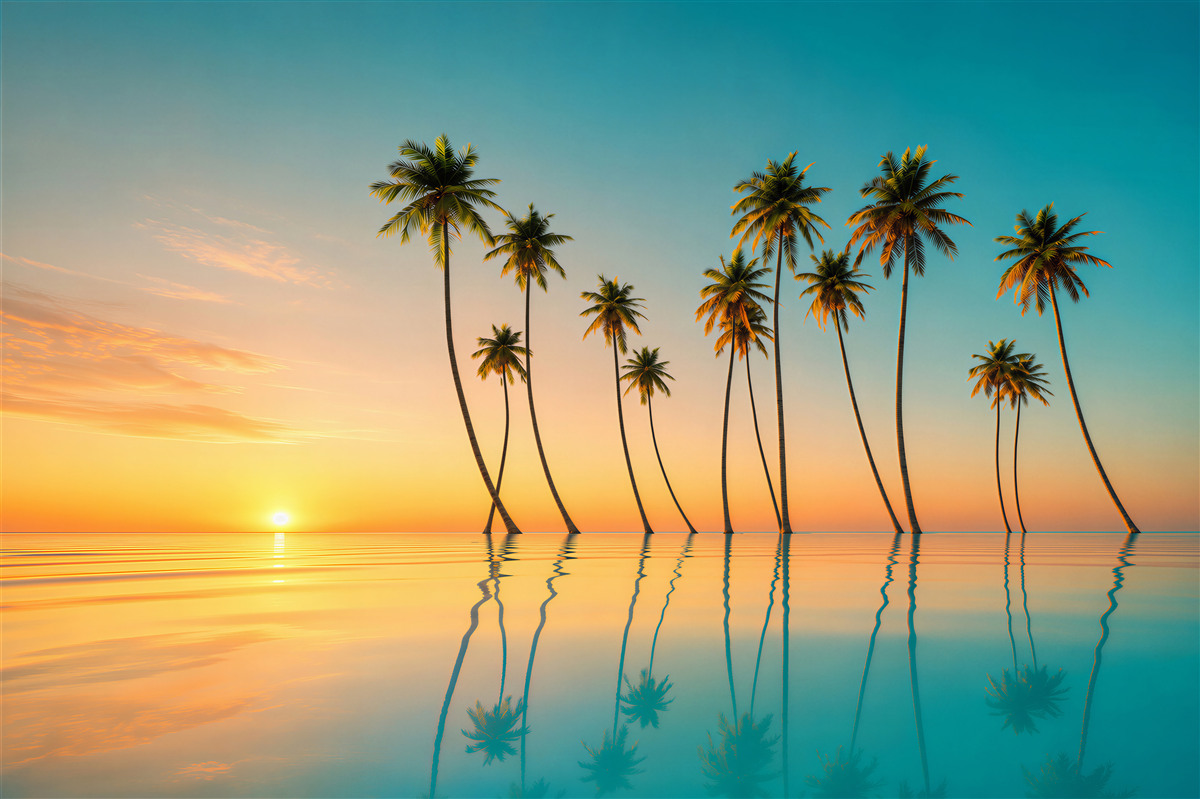 Fototapeten schlanke Palmen am Pool bei Sonnenuntergang