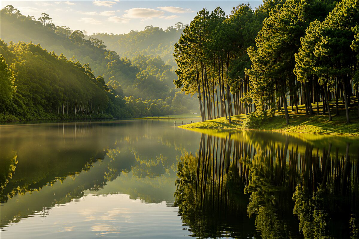 Fototapeten Morgennebel dringt in den Wald ein