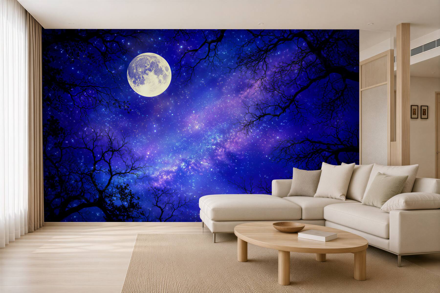 Fototapeten heller Mond in der Nacht am sternenklaren Himmel
