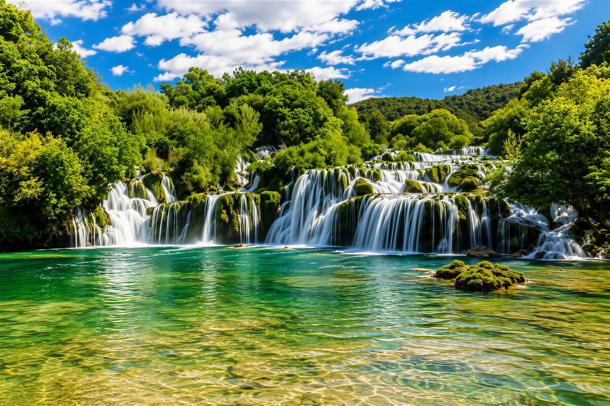 Fototapeten großer Wasserfall auf einer tropischen Insel