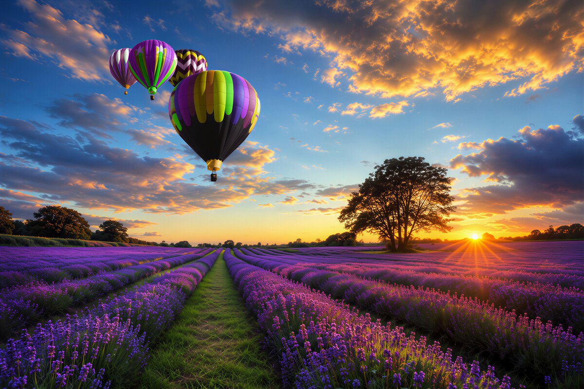 Fototapeten bunte Heißluftballons, die über Lavendel schweben