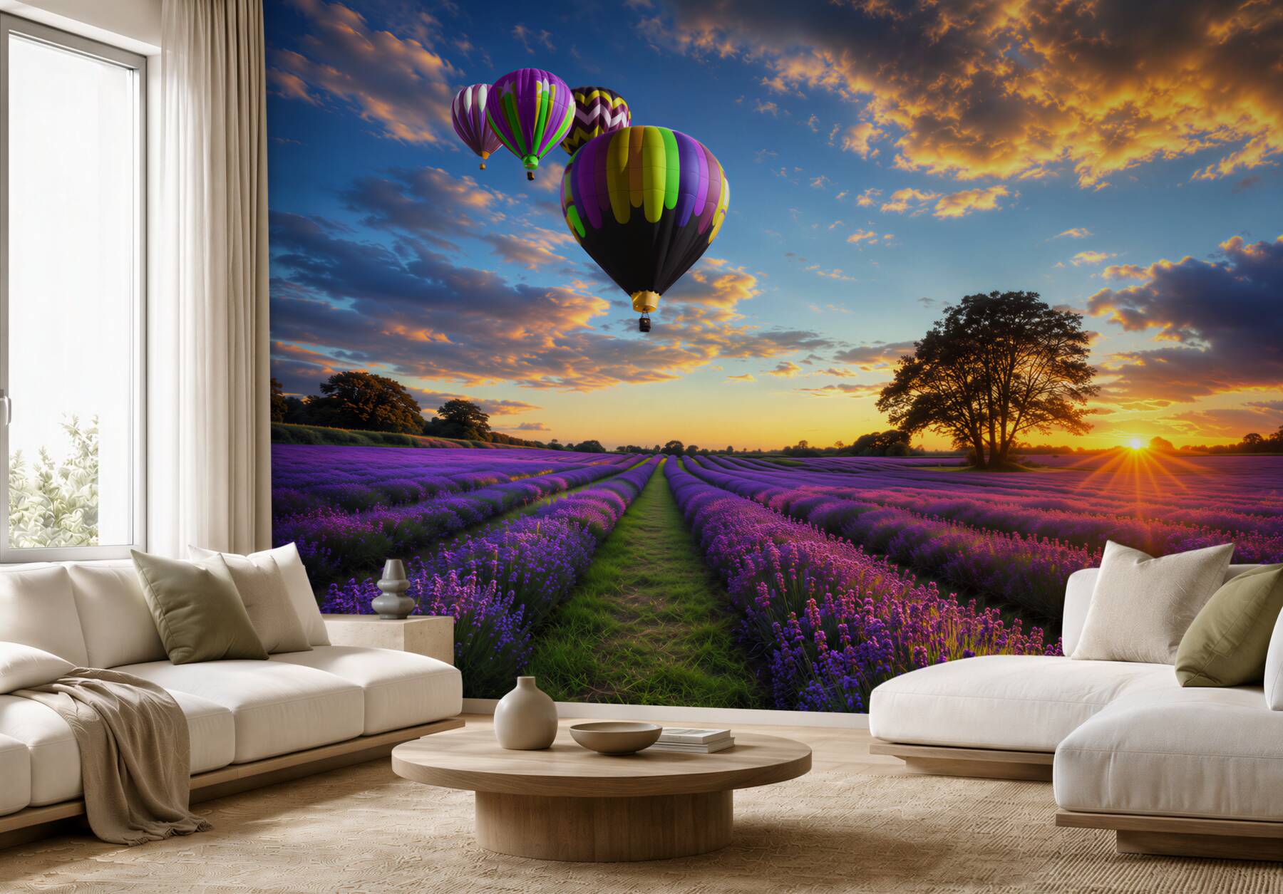 Fototapeten bunte Heißluftballons, die über Lavendel schweben