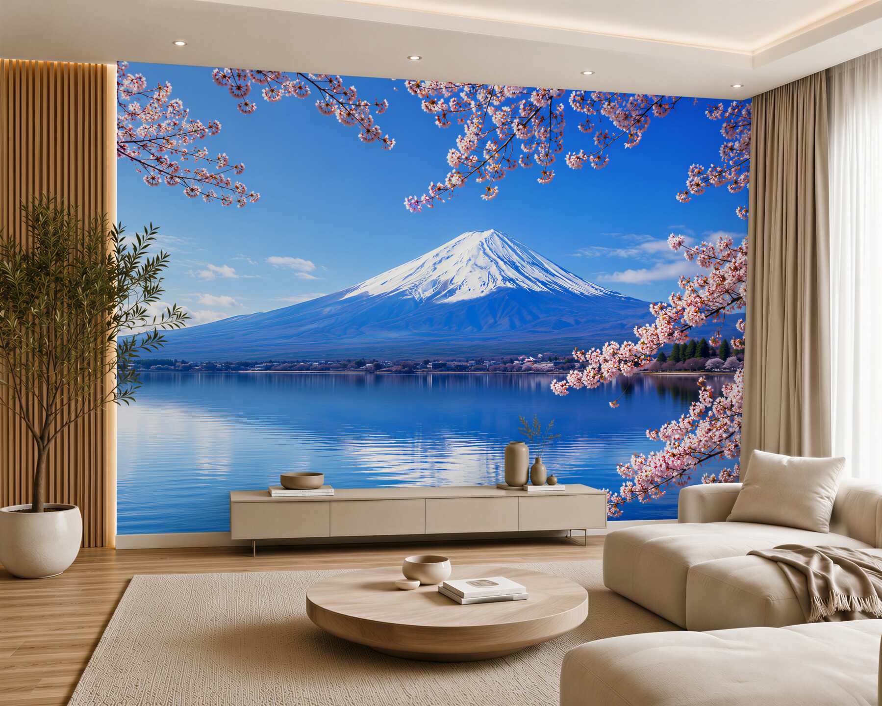 Fototapeten Kirschblüte vor einem See und Bergen