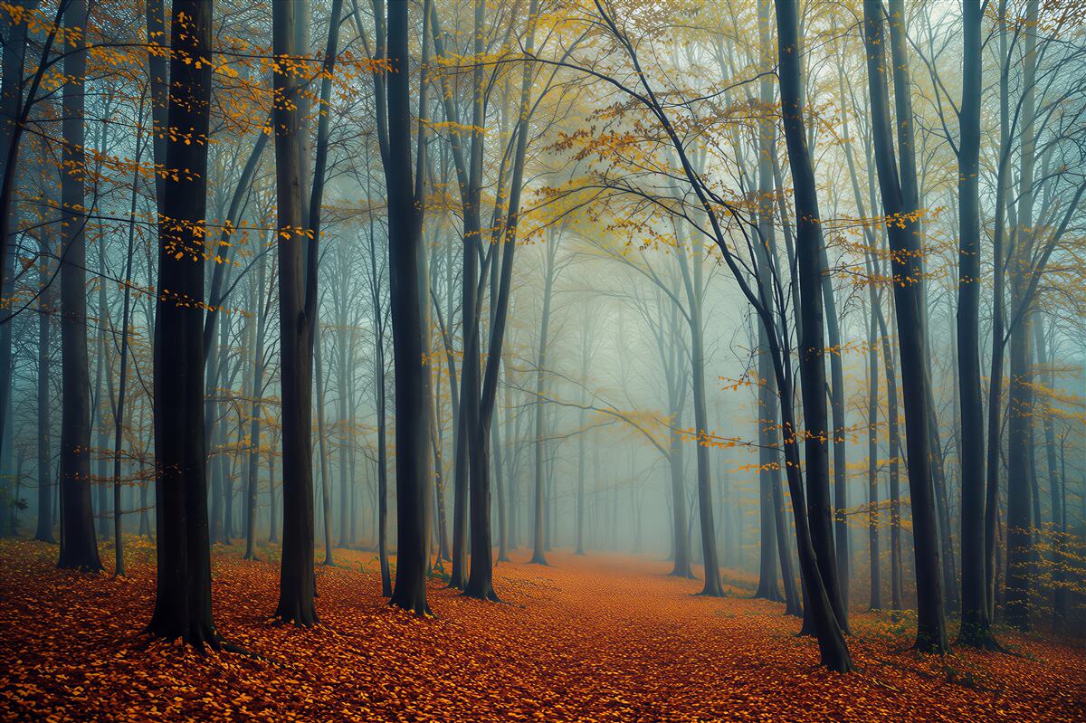 Fototapeten nebliger Herbstwald