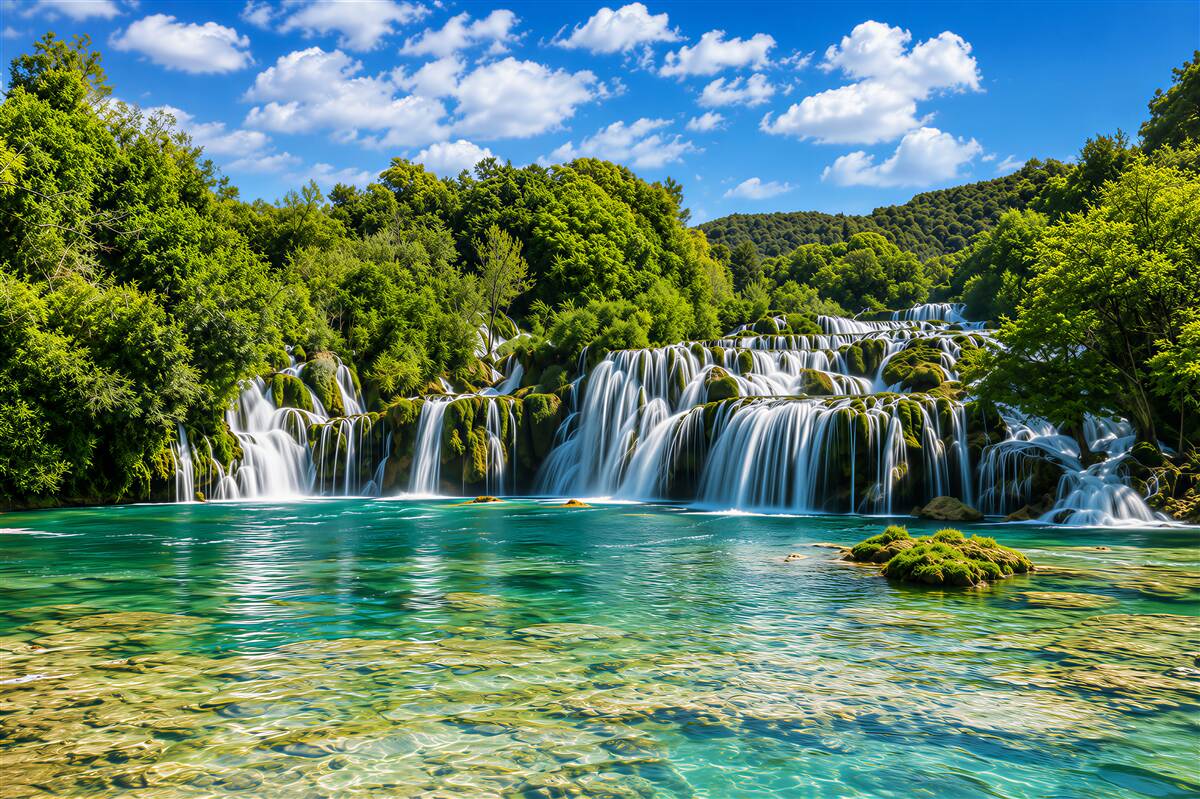 Fototapeten Wasserfall mit mehreren Wasserfällen und Grün