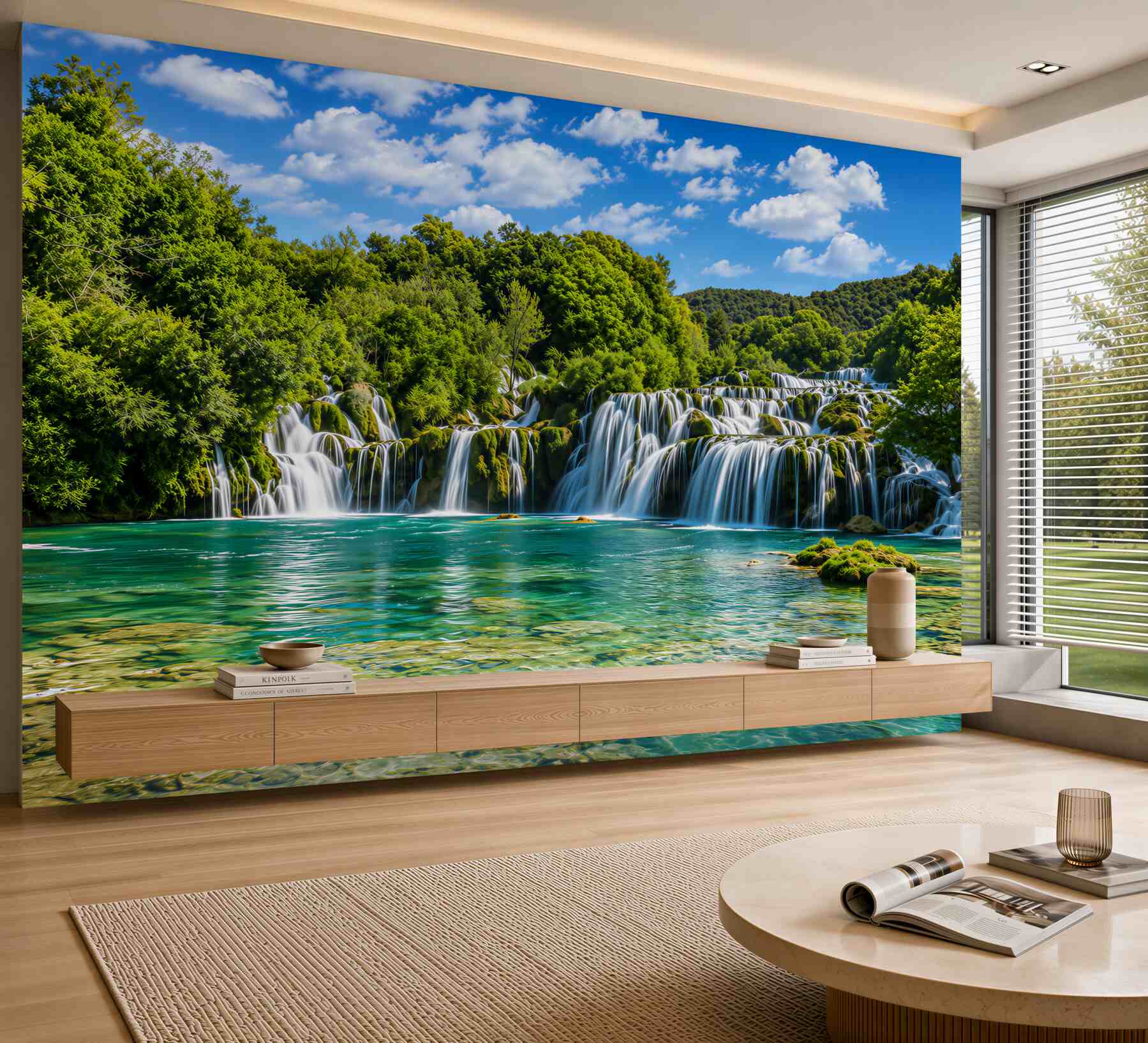 Fototapeten Wasserfall mit mehreren Wasserfällen und Grün