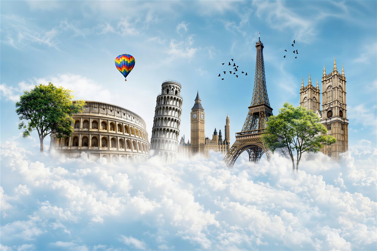 Fototapeten Monumente europäischer Städte in den Wolken