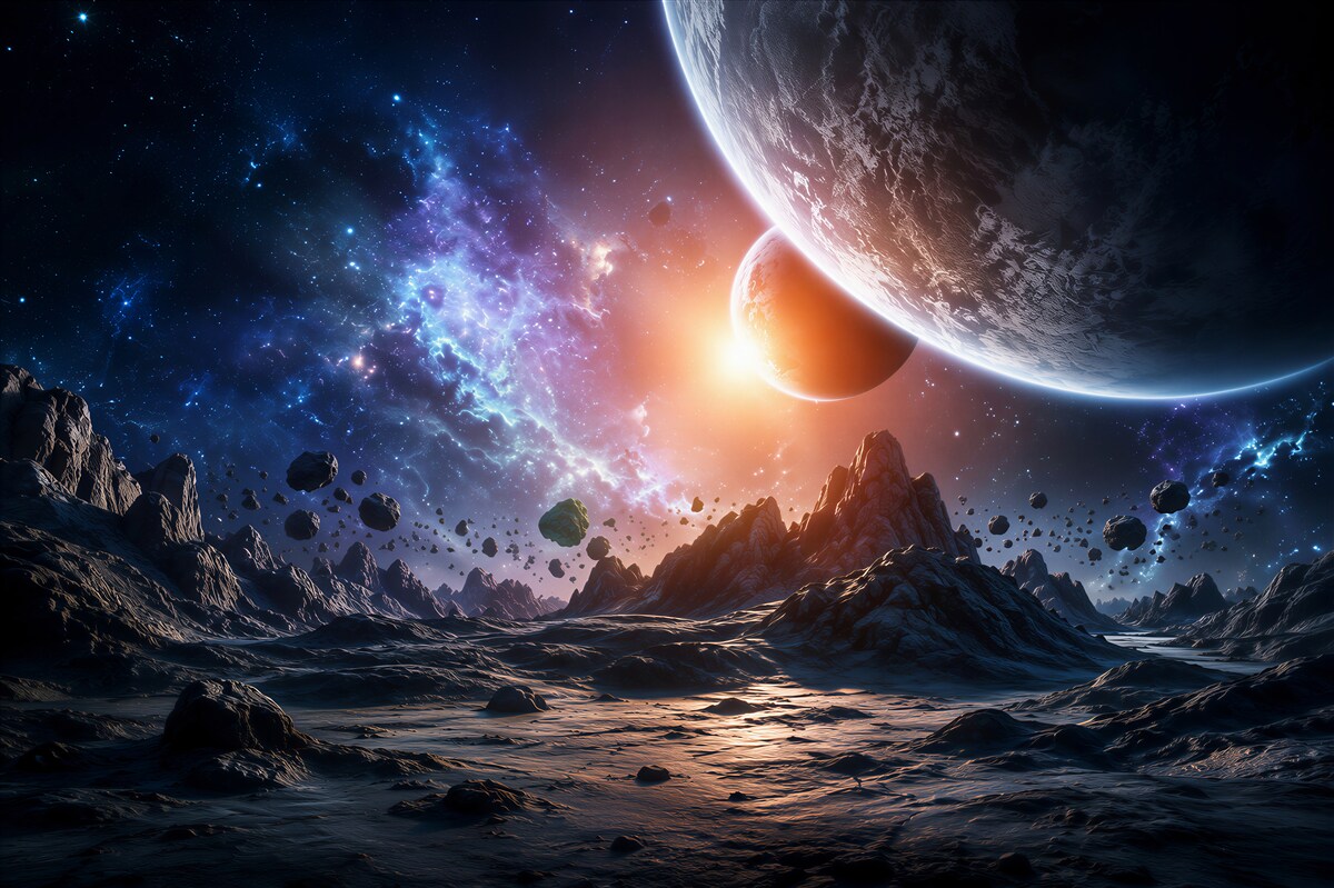 Fototapeten Futuristische Weltraumwelt mit Planeten